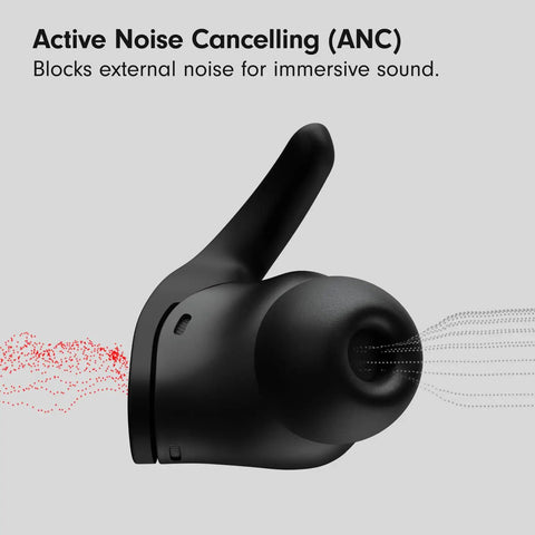Fit Pro True Wireless Earbuds With Active Noise Cancellation detail showing ANC feature, black color, close-up view.