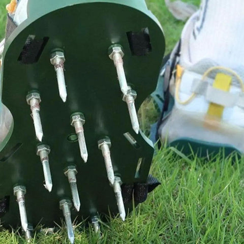 Close-up of Heavy Duty Lawn Aerator Shoes Kit, showing 20 metal spikes for quick soil aeration and healthier grass.