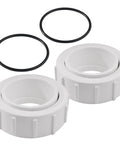 Front view: two white 2-inch slip-half union adapters with black O-rings for pool heater connections.