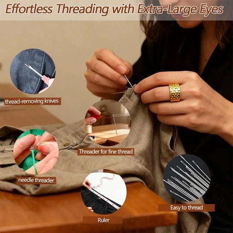 Person using 75 Piece Sewing Tool Set With Big Eye Steel Needles, highlighting its effortless threading and accessories.