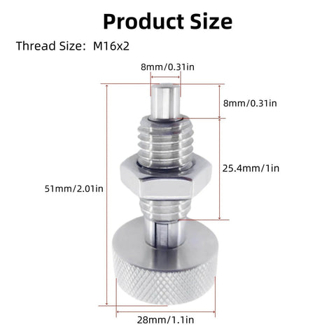 Two Pack Retractable Spring Plungers M16x2 stainless steel lockout handle quick release pins with knurled grips, size diagram