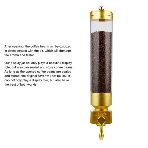 Wall Mounted Transparent Coffee Canister With Gold Trim And Smooth Grip Handle Straight Up Fantastic Dry Food Dispenser For Sugar Rice Nuts Cereals Pet Treats Zero Stress Counter Organizer To Keep Your Pantry Legit with coffee beans.
