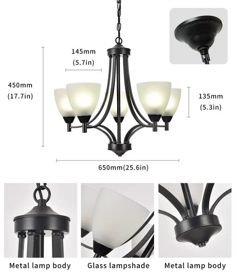 Dope Modern Farmhouse 5 Light Black Chandelier For Dining Room Kitchen And Living Room with frosted glass and metal body
