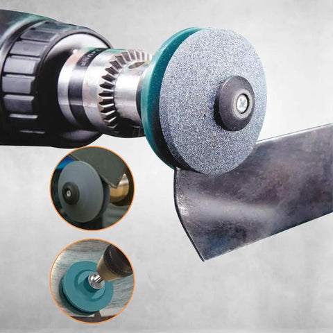 Easy No Fuss Dull Blade Sharpener Kit for Lawn Mowers and Garden Tools attached to power drill sharpening blade