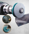 Close-up of Must Have Universal Lawnmower Blade Sharpening Kit with Double Layer Corundum on drill sharpening blade.