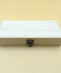 Wooden box for Pro Grade Metal Watch Repair Kit With Mainspring Winder, closed lid, secure metal clasp, natural finish.