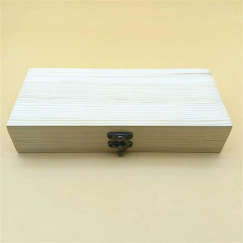 Wooden box for Pro Grade Metal Watch Repair Kit With Mainspring Winder, closed lid, secure metal clasp, natural finish.