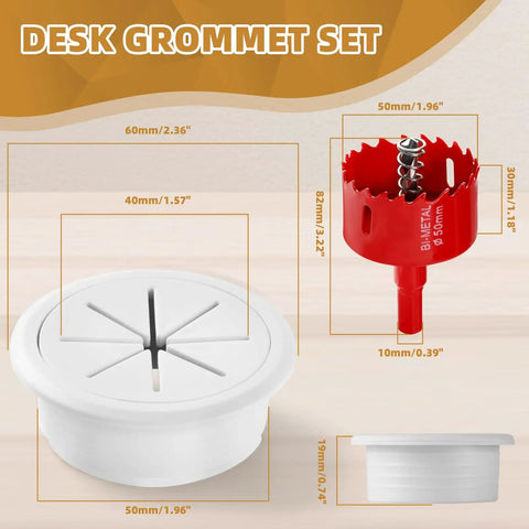 Two Inch Desk Grommet Set White ABS Plastic Cable Hole Covers With Hole Saw For Wires Through The Countertop Eight Piece Pack