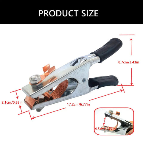 Multifunction 500A Ground Clamp With Ergonomic Grip Perfect For TIG Plasma Cutting Heavy Duty Welders And Stable Connections That Rock Hard, showing product dimensions.