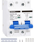 Front view of DC Circuit Breaker 125A Two Pole Solar Disconnect Switch for 12V to 240V systems with installation hardware.