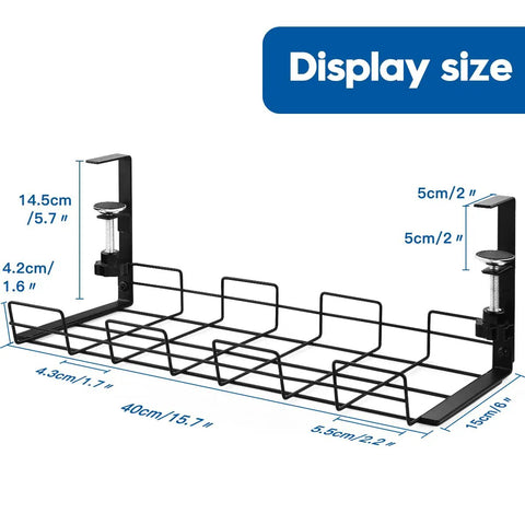 No Drill Under Desk Cable And Wire Management Tray Two Pack Sturdy Alloy Steel Wire Organizer dimensions and clamps visible