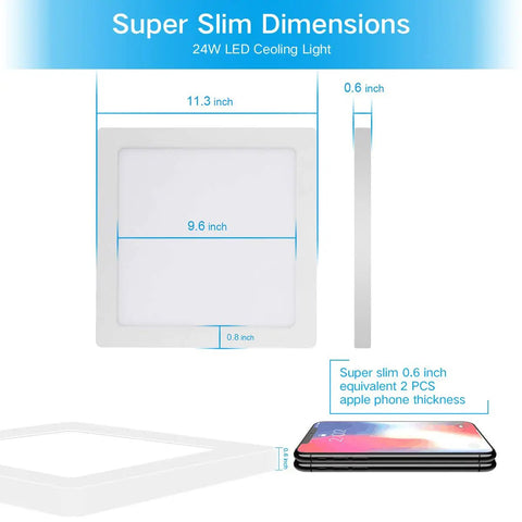 Ultra Slick Flush Mount Ceiling Light 0.6 Inch Thick 12 Inch LED Panel 4000K Daylight 3100 Lumens 24W dimension diagram