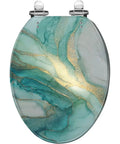 Elongated Resin Toilet Seat for Bathroom in teal and gold abstract design, measures 14.5" x 18.5", designed for stylish bathrooms.