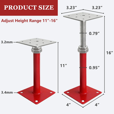Heavy Duty 4 Pack House Floor Jacks For Leveling 11 To 16 Inch Height Adjustable Screw Jacks dimensions with measurements displayed.