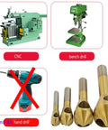 4 Piece Titanium Coated 90 Degree Countersink Drill Bits For Rock Solid Wood Chamfering And Soft Metal Deburring alongside CNC and bench drill images.