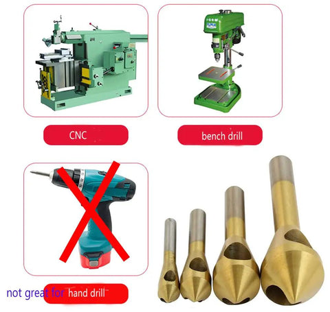 4 Piece Titanium Coated 90 Degree Countersink Drill Bits For Rock Solid Wood Chamfering And Soft Metal Deburring alongside CNC and bench drill images.