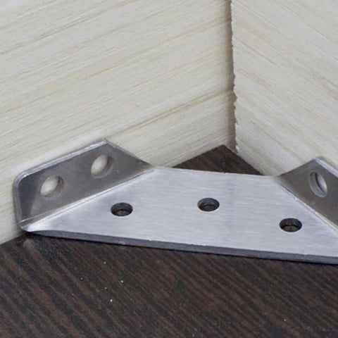 Stainless steel corner bracket installed in a wood furniture corner, Six Pack Stainless Steel Corner Brackets for Wood Furniture