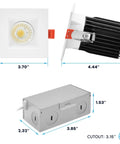 Top Shelf 3 Inch LED Recessed Spotlight Featuring Square White Interchangeable Trim, Flex 5CCT Tunable White Range with dimensions and components.