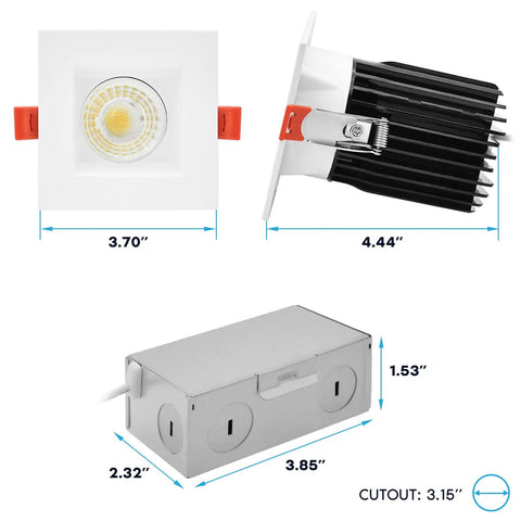 Top Shelf 3 Inch LED Recessed Spotlight Featuring Square White Interchangeable Trim, Flex 5CCT Tunable White Range with dimensions and components.