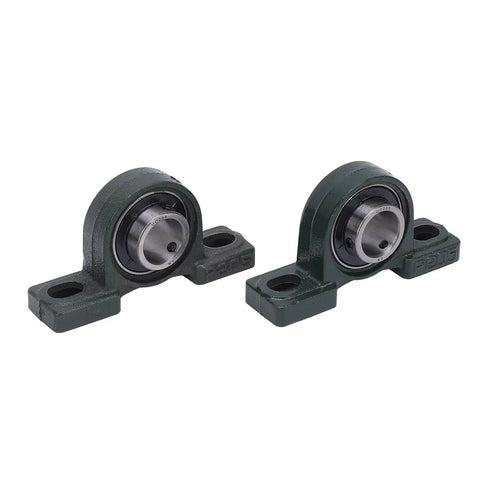 Close-up of two metal bearing housings from the 24 Inch Rear Axle Kit With 160mm Brake Disc For Go Karts And ATVs, side view.
