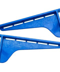 Blue brackets for drawer slide installation jig, left and right, included in pro-grade setup tool for precise alignment in cabinets.
