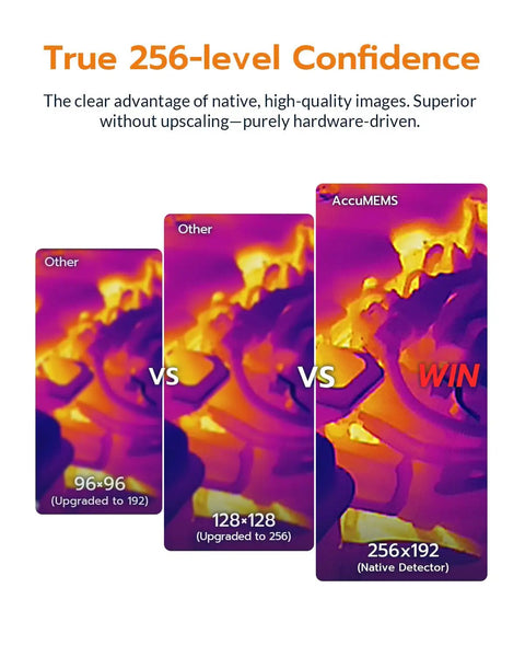 High Resolution Thermal Imaging Camera With 320x240 IR Sensor UIRA IR Thermometer Mode Native Heat Data And AI Powered Detection Portable Handheld Infrared Camera For Pros And DIY Enthusiasts showing 256x192 native detector vs upscaled images