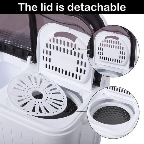 Zero Drama Portable Twin Tub Mini Washing Machine Laid Back Laundry Setup For Dorms Apartments And Rvs lid and filter details with detachable design