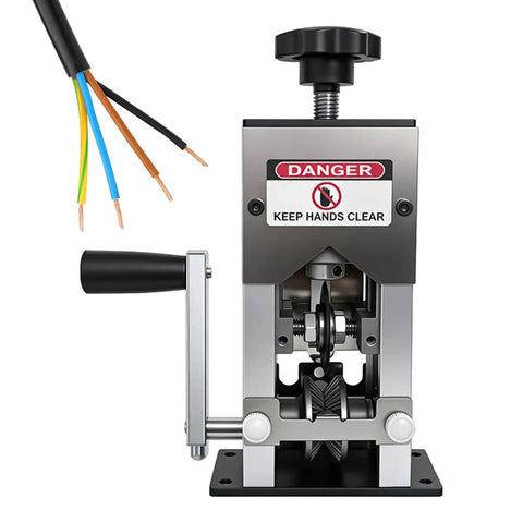 Heavy Duty Manual Wire Stripping Machine With Ergonomic Hand Crank And Drill Adapter with colored wires.