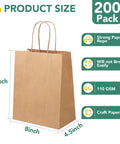 Bulk Kraft Paper Gift Bags With Handles 8x4.5x10 Inches 200 Pack Durable 110Gsm Brown Paper Bags For Shopping shown with size details