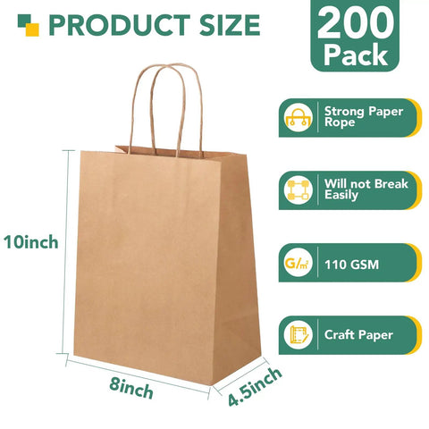 Bulk Kraft Paper Gift Bags With Handles 8x4.5x10 Inches 200 Pack Durable 110Gsm Brown Paper Bags For Shopping shown with size details