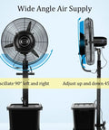 Heavy Duty Standing Mist Fan With Rock Solid Build Delivering Poppin Airflow And Smooth Misting Features A Massive Eleven Gallon Tank For All Day Patio Relief Adjustable Speed Switches And Easy Roll Setup, showing oscillation and angle adjustments.