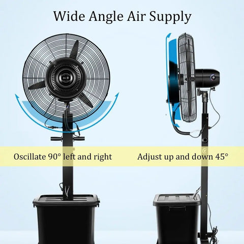 Heavy Duty Standing Mist Fan With Rock Solid Build Delivering Poppin Airflow And Smooth Misting Features A Massive Eleven Gallon Tank For All Day Patio Relief Adjustable Speed Switches And Easy Roll Setup, showing oscillation and angle adjustments.