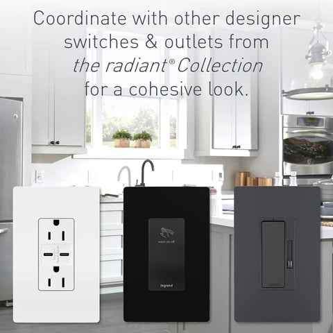 Three designer outlets in kitchen, featuring Five Level Adjustable LED Night Light Outlet In White Finish Tamper Resistant Electrical Outlet With Kid Safe Design Built In Night Light And Convenient Power Access For Hallways And Rooms.