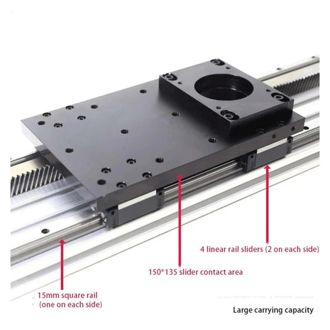 Top Tier Gear Rack Ball Screw Slide Unit With Slick Xyz Linear Guide Rail And Heavy Duty AC Servo Motor For Stress Free Laboratory Or Shop Upgrade close-up of precision slider assembly with 15mm rails and 4 linear sliders.