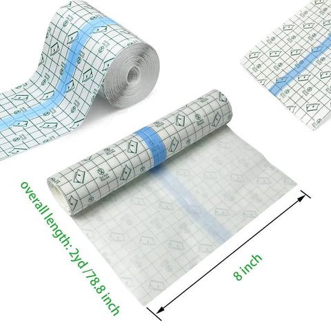 Aftercare Bandage Roll For Tattoos 8 Inch By 2 Yard Waterproof Transparent Film unrolled with measurements