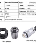 ER25 collet nut and 4 hole aerial plug with data chart for Beefed Up Pro Grade 4KW Water Cooled CNC Spindle Motor 110mm Diameter 270mm Shaft 380V 8A 24,000 RPM