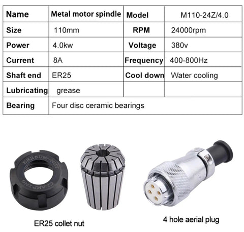 ER25 collet nut and 4 hole aerial plug with data chart for Beefed Up Pro Grade 4KW Water Cooled CNC Spindle Motor 110mm Diameter 270mm Shaft 380V 8A 24,000 RPM
