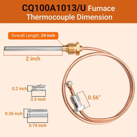 CQ100A1013 24-inch furnace thermocouple with copper sensing tube and brass adapter fitting for 30 millivolt systems