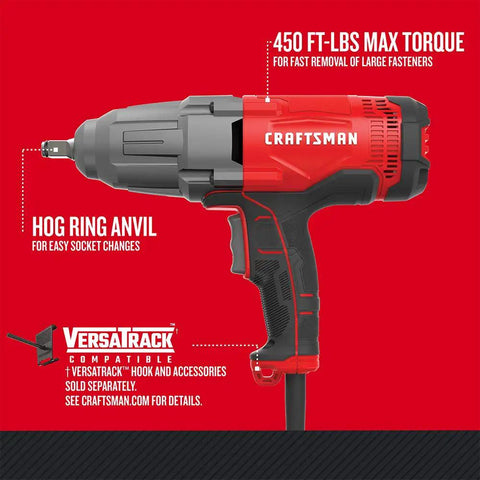 Half Inch Corded Impact Wrench, 7.5 Amp Power, 450 Ft Lbs Max Torque, 2700 IPM, Variable Speed Trigger, Easy Socket Changes