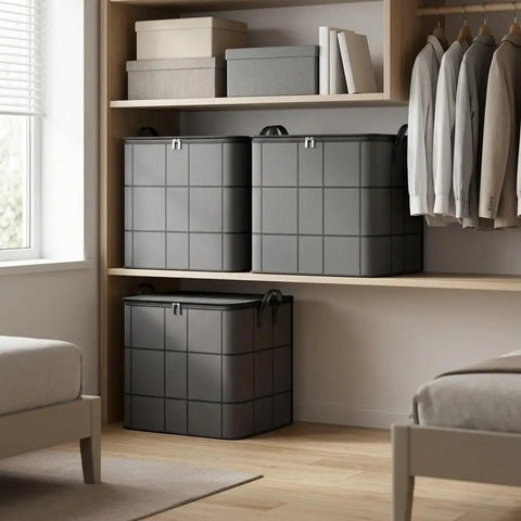 Heavy Duty Nonwoven Storage Bins Three Pack With Sturdy Handles Hella Spacious Fit For King Size Quilts stacked on a shelf.
