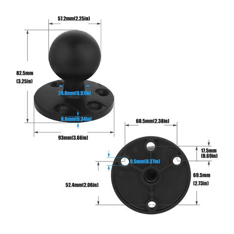 Dimensions of Rugged Aluminum Tablet Stand With 2.25 Inch Ball Mount for farm and warehouse use, showing size and features.