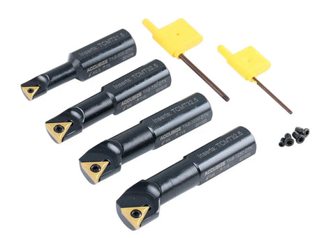 Beefy Pro Grade 4 Piece Stubby Length Indexable Boring Bar Set With Carbide TiN Coated TCMT Inserts And Spare Screws 3/4-Inch Shanks