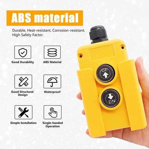 4 Wire Dump Trailer Remote Control Switch 12V DC Up Down Button For Single Acting Hydraulic Pumps And Dump Truck Hoist Lift Gate Power Unit Controller Tough As Nails Heavy Duty Weatherproof IP Rated showing yellow controller with two black buttons marked UP and DN, held by a hand