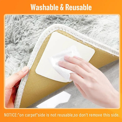 Applying 8 Pack Non Slip Rug Tape For Area Rugs Reusable Double Sided Adhesive Stickers on a rug corner on hardwood floors