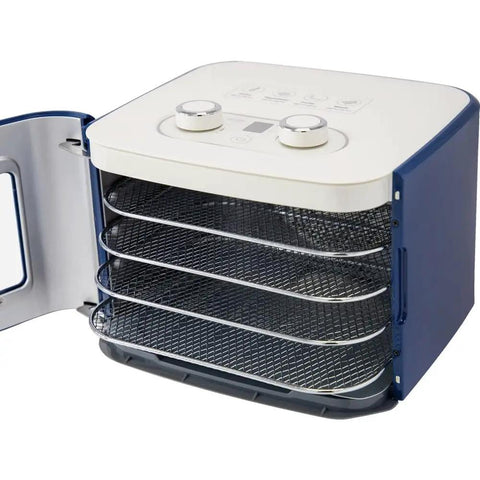 Countertop Food Dehydrator With Four Trays For Whipping Up Dried Fruit Veggie Chips And Snack Batches features mesh trays and basic controls.