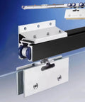 Close-up of Dual Soft-Close Frameless Glass Sliding Door Track System With Wall Mount Pocket Hardware Kit For Barn Style Doors, Black Finish