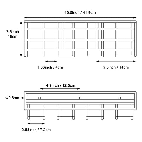 Dimensions diagram of two pack heavy duty wall mounted power tool organizer with floating shelf storage rack and tool holder.
