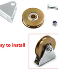 Heavy Duty 1.5 Inch Bearing Wheel Wire Rope Pulley Block With Triangular L Bracket For Lifting 300 Pound Capacity Supported By Quarter Inch Rope Suitable For Indoor Outdoor Doors Windows Shutters Furniture Fittings Cabinets And Drawers, 1.5 inch gold pulley wheel with steel bracket and screw