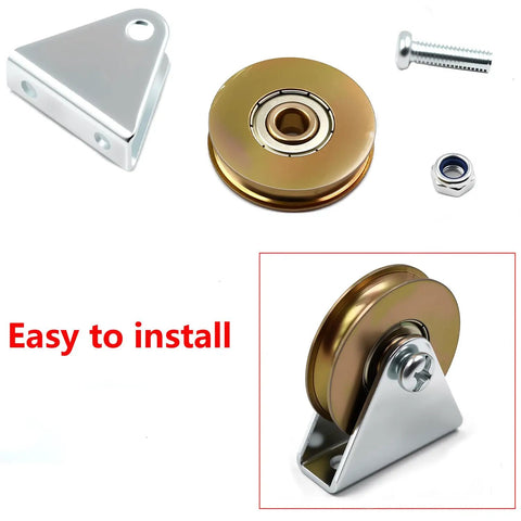 Heavy Duty 1.5 Inch Bearing Wheel Wire Rope Pulley Block With Triangular L Bracket For Lifting 300 Pound Capacity Supported By Quarter Inch Rope Suitable For Indoor Outdoor Doors Windows Shutters Furniture Fittings Cabinets And Drawers, 1.5 inch gold pulley wheel with steel bracket and screw