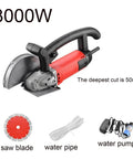 Straight Up Tough 3000W Stone Cutting Saw And Wall Groove Cutter Pro 220V Angle Grinder with saw blade, water pump, and pipe.